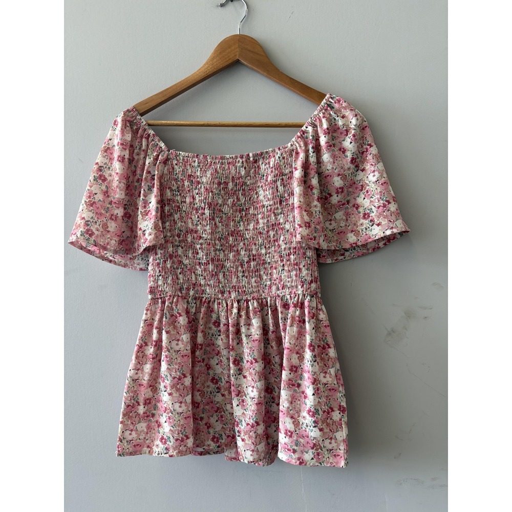 Hayden Tunic Top Womens Small Pink Floral Off Shoulder Smocked Peplum Blouse